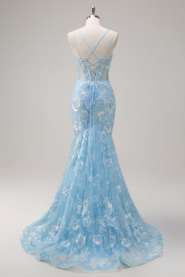 Sirène bleue scintillante spaghetti bretelles Sequin Corset longue robe de bal avec broderie